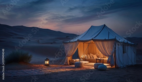 Illuminated desert encampment glows warmly at dusk, inviting repose