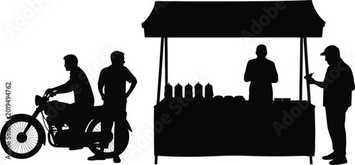 Fotografie Street food market stall silhouette vector illustration with vendor under canopy