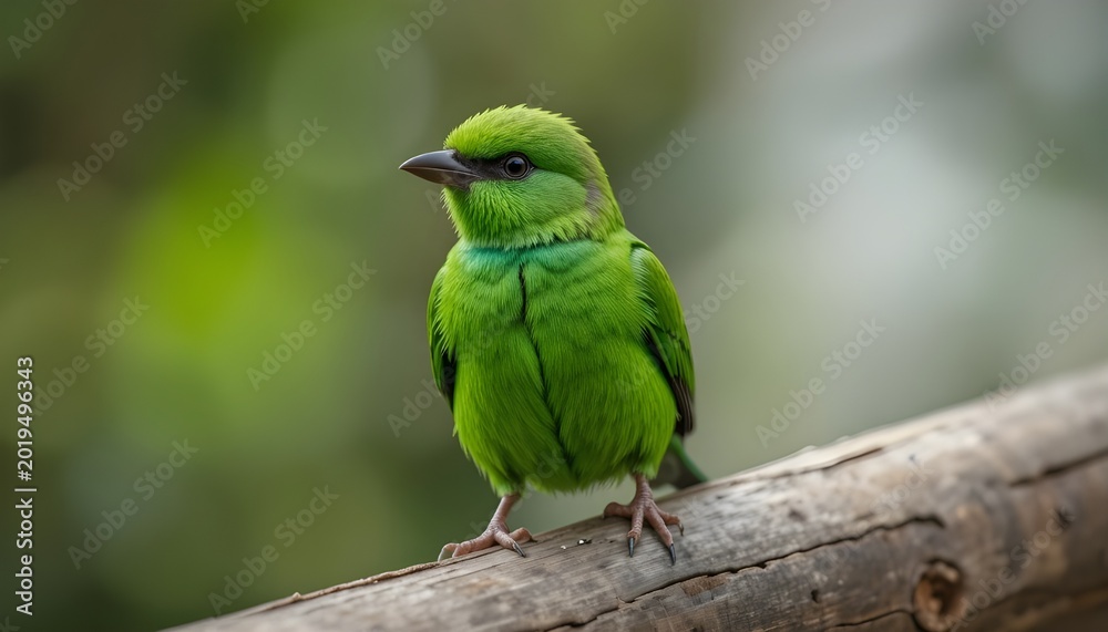 Fototapeta premium Close-up shot of a vibrant green bird perched on wood in a minimal outdoor setting