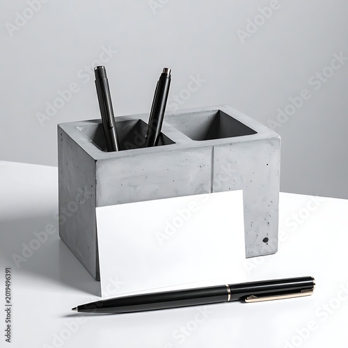 A desk organizer with two pens and a pen on the table