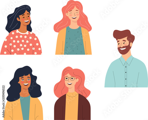 Happy people. Vector illustrations of women and one man expressing feelings of happiness, joy, love, gratitude, celebrating important events and successes, laughing, and having fun.