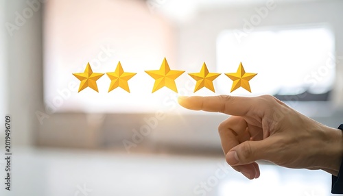 A hand pointing to four golden stars