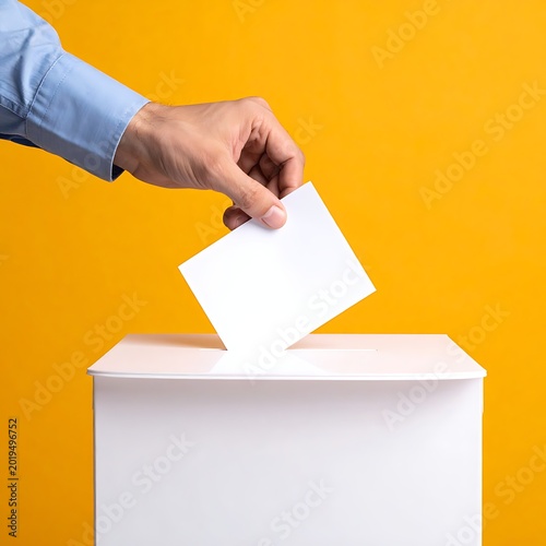 A hand in a blue shirt sleeve placing a white card into a white box against a yellow background