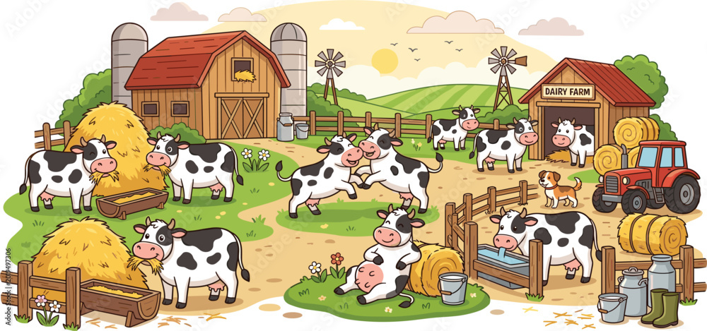 Naklejka premium Cartoon Dairy Farm Landscape with Happy Cows, Barns, Tractor, Hay Bales, Windmills, and Rural Agricultural Countryside Animal Illustration