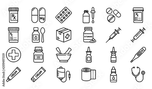 Картината върху платно Pharmacy medicine icon set with pill bottle capsules blister pack and medical dr