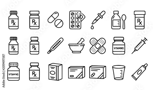 Canvas-taulu Modern pharmacy medicine vector icons with pill bottles capsules droppers and bl