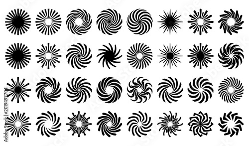 Schilderij op canvas Black circular sunburst and rotating ray vector pack with abstract swirl stars a