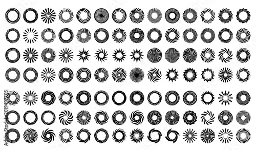 Fotografie Abstract black rotating sunburst vector collection with spiral circles radial be