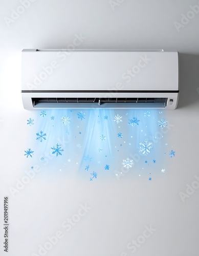 A white air conditioner with snowflakes coming out