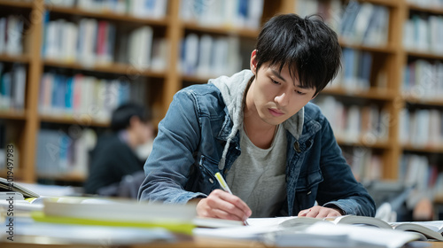 将来の目標に向かって図書館で国家資格試験の勉強を続ける男性の姿