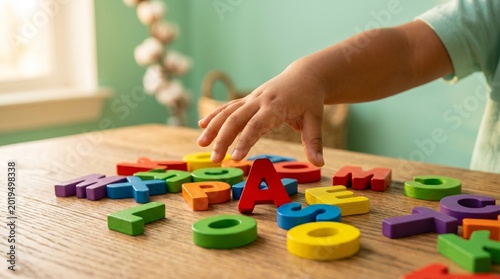 A close up view of a hand placing a colorful letter block next to wooden alphabet sorting tiles on a study desk.