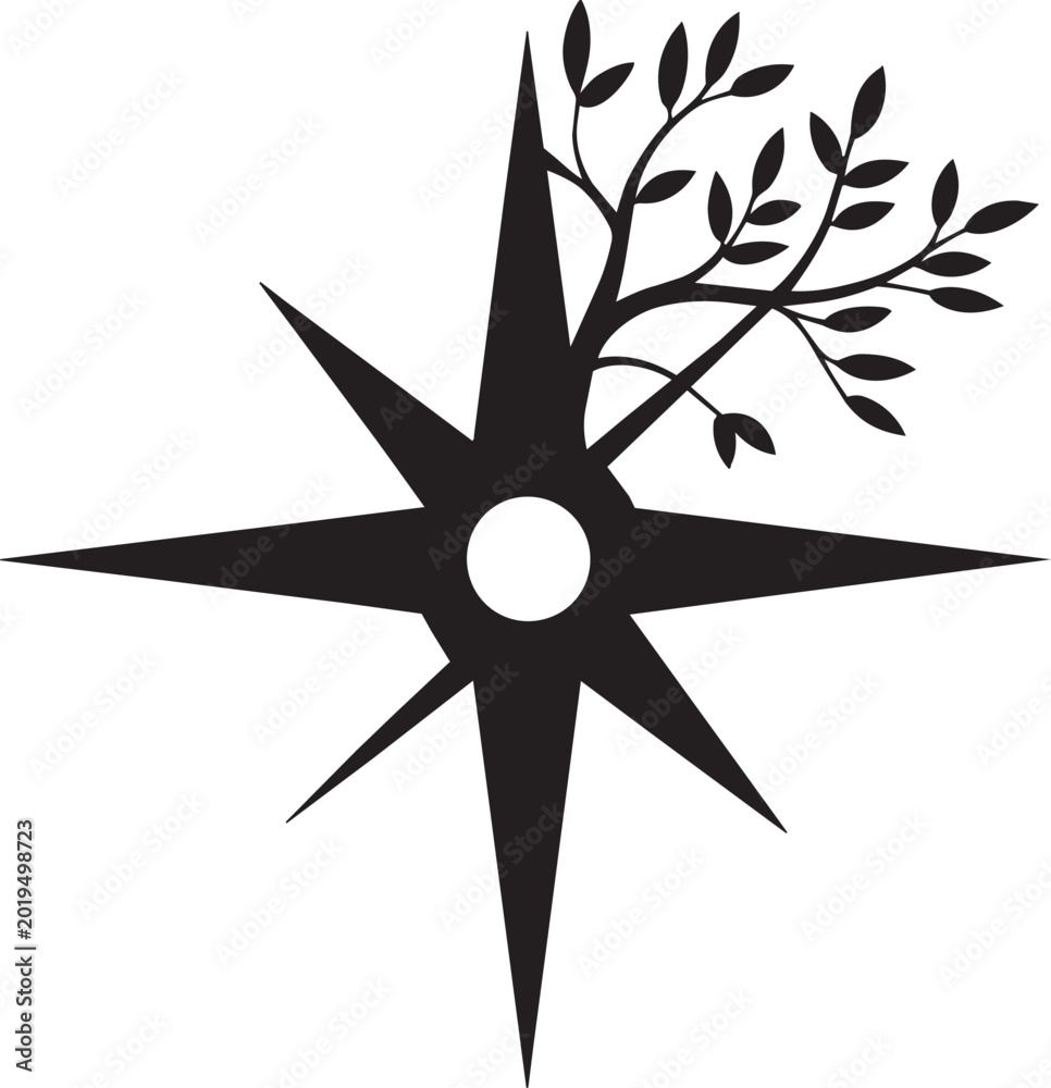 Fototapeta premium Stylized compass rose with growing tree silhouette wind rose cardinal points
