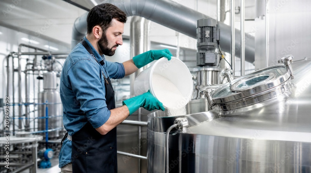 Fototapeta premium Craft Brewer Pouring Ingredients into Stainless Steel Fermentation Vat