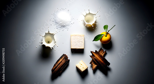 cheese a minimalist arrangement of its key components - a pile of sea salt, a milk splash, a sprig of yuzu, a piece of cedar - surrounding a  cheese wedge 