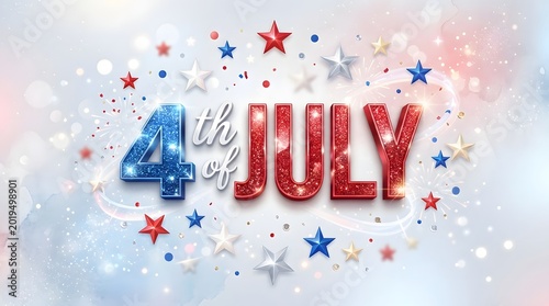 Festive 4th of july typography with sparkling stars and fireworks