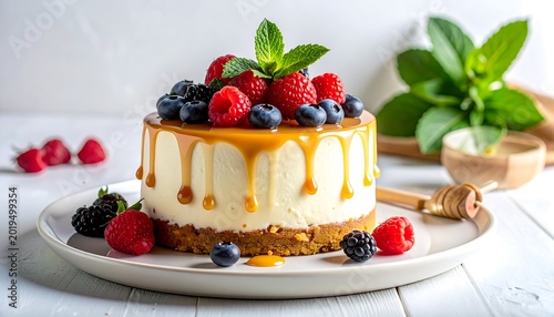Creamy Berry Cheesecake with Caramel Drizzle on White Plate in Bright Kitchen Setting