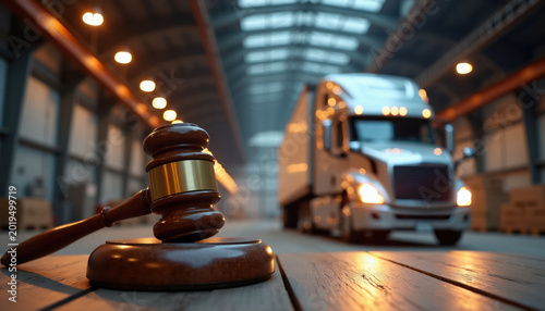Wooden gavel sits on table in warehouse near large truck. Symbolizes transport law and regulations for supply chain operations. Justice and industry concept.