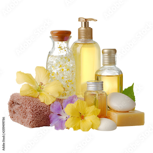 Natural skincare products with flowers and soap on white background