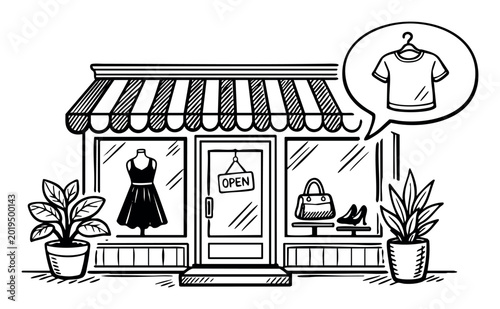 Fashion shop with retail apparel and accessories display, showing an open sign. Boutique business doodle style illustration