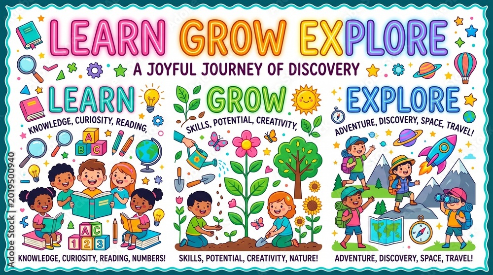 Fototapeta premium Inspirational learn grow explore interactive layout infographic chart displaying colorful multi-tier educational values.