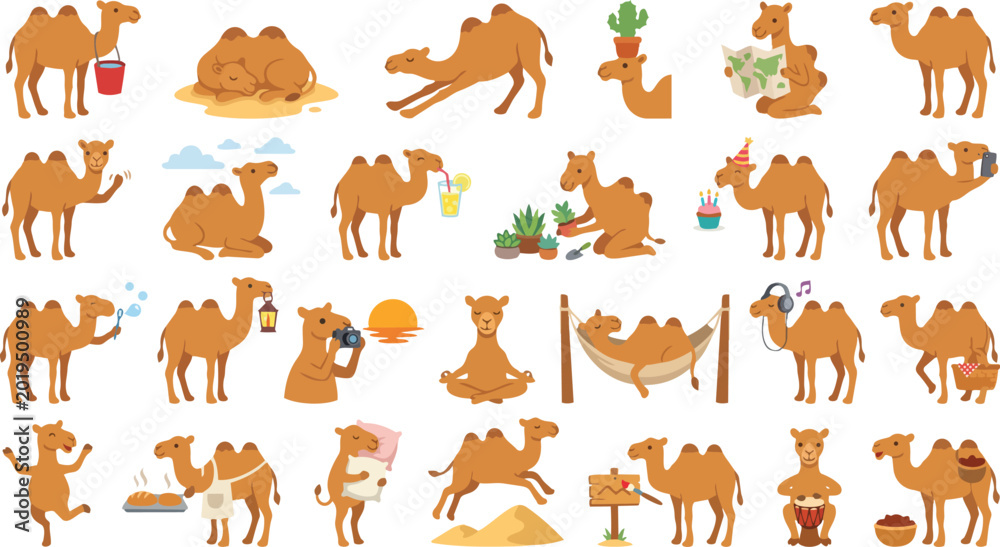 Fototapeta premium Cute Camel Cartoon Activity Set – Kawaii Desert Animal Clipart Vector