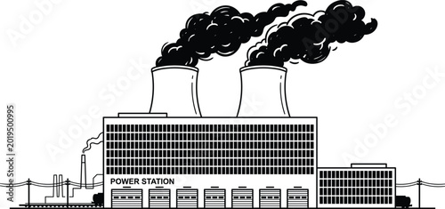 Konstfotografi Power Station Illustration with Cooling Towers and Smoke in Industrial Design