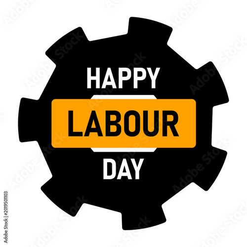 Happy Labour Day industrial style badge with big gear silhouette. Vector illustration