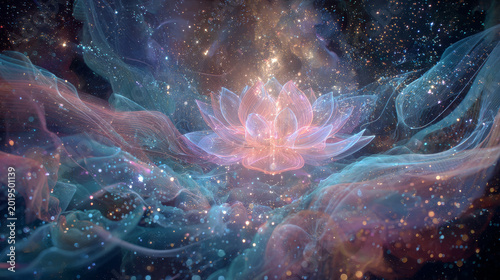 Abstract Cosmic Lotus Flower with radiant light and energy, spiritual meditation background