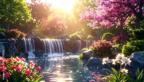 Lush Spring Garden Waterfall Flowing Through Blooming Trees at Golden Sunrise