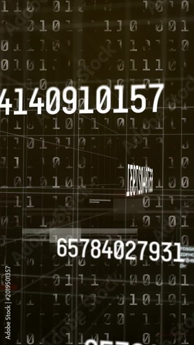 Vertical video: On input, white numeric string drifting, scaling across binary grid showing depth