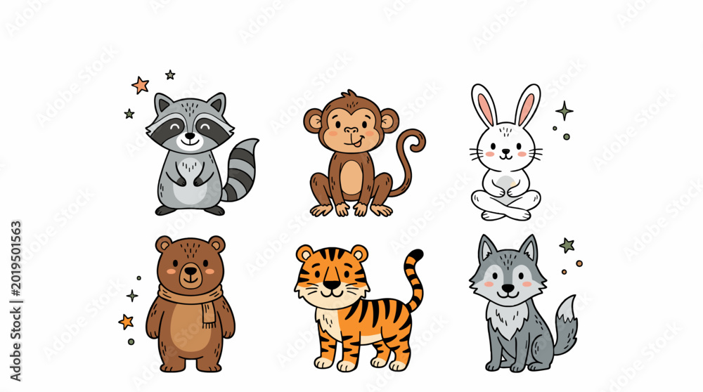 Fototapeta premium Cute Cartoon Baby Animals Vector Set for Kids Nursery Design Elements
