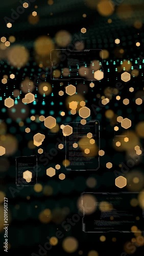 Vertical video: Vertical pan causing golden bokeh cluster drifting over teal matrix to show data