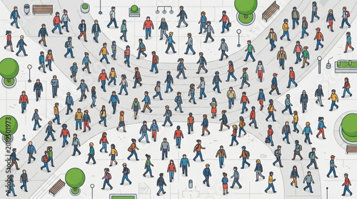 Crowd of people walking in a city park from above.