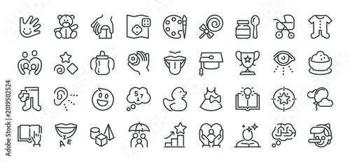 Child development in preschool education outline thin icons big set. Line signs children's toys and accessories for babies. Thin vector pictograms pack for web infographic business social projects.