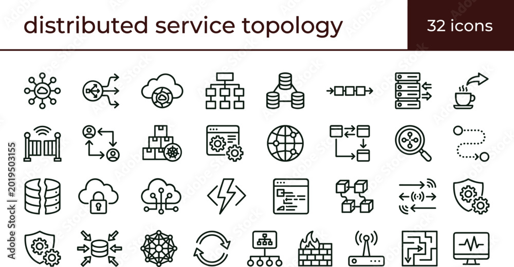 Naklejka premium Distributed service topology icon set for cloud infrastructure and network orchestration systems