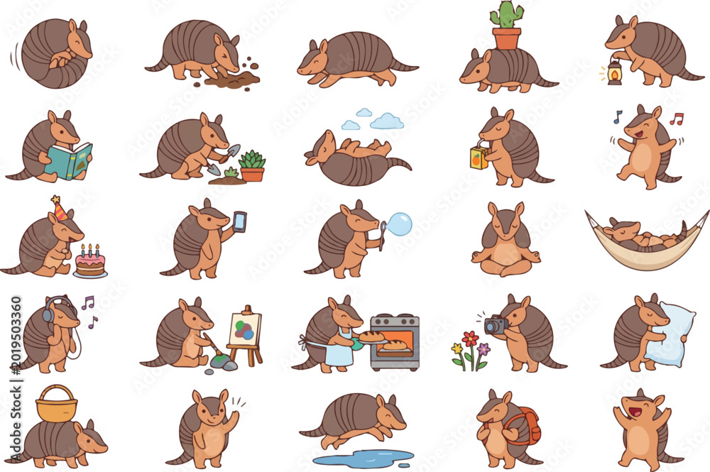 Fototapeta premium Cute Armadillo Cartoon Activity Set – Kawaii Desert Animal Clipart Vector