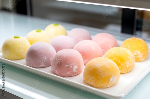 modern fruit daifuku perfect spheres in a gradient of colors—pale yellow (yuzu), blush pink (strawberry), soft orange (mikan)— inside refrigerated glass display case 