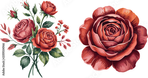 Cuadro en lienzo Beautiful Red Rose Bouquet and Single Large Flower Head Vector Illustrations wit
