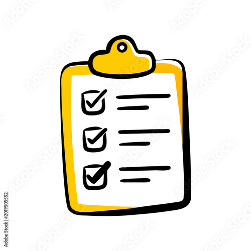 Hand drawn checklist clipboard with completed tasks and check marks.