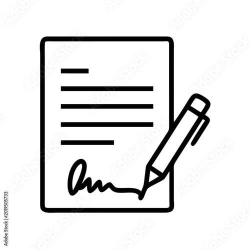 Contract signing icon with pen and handwritten signature on paper.