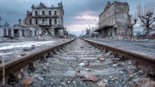 Devastating ruins of a city with bombed buildings and a damaged railway after a military conflict