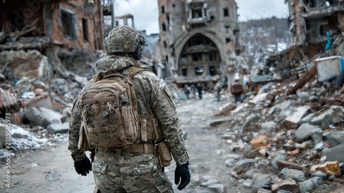Soldier walking through the ruins of a destroyed city after the battle