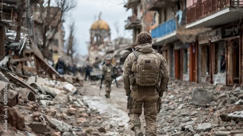 Armed soldier walking through the rubble of a destroyed city after intense bombing and conflict
