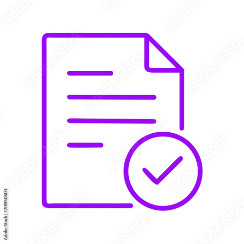 Purple outline document icon with verification check symbol.