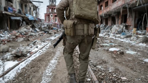 Determined soldier patrolling a devastated street with rubble and bombed-out buildings after combat