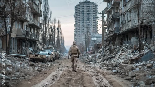 Soldier in camouflage uniform walking down a ruined street with debris and destroyed buildings