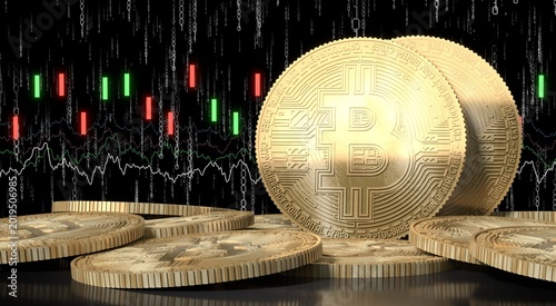 Many Golden Cryptocurrency Bitcoins and Financial Data Chart - 3D illustration