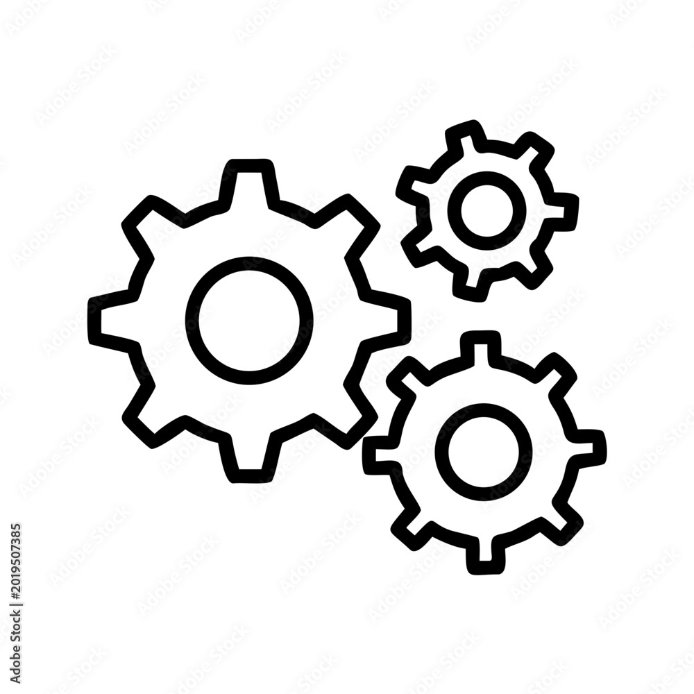 Fototapeta premium Black outline of three connected gears for mechanical design.
