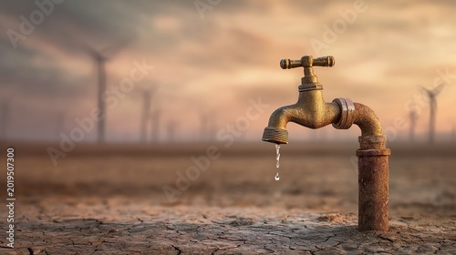 A faucet dripping water in a dried landscape.