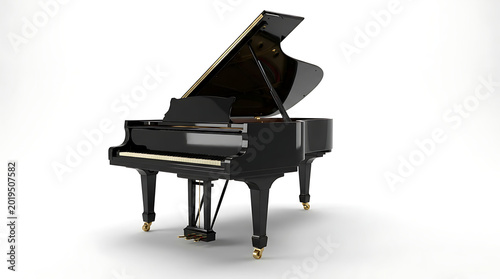 Elegant black grand piano with open lid, ready to play.